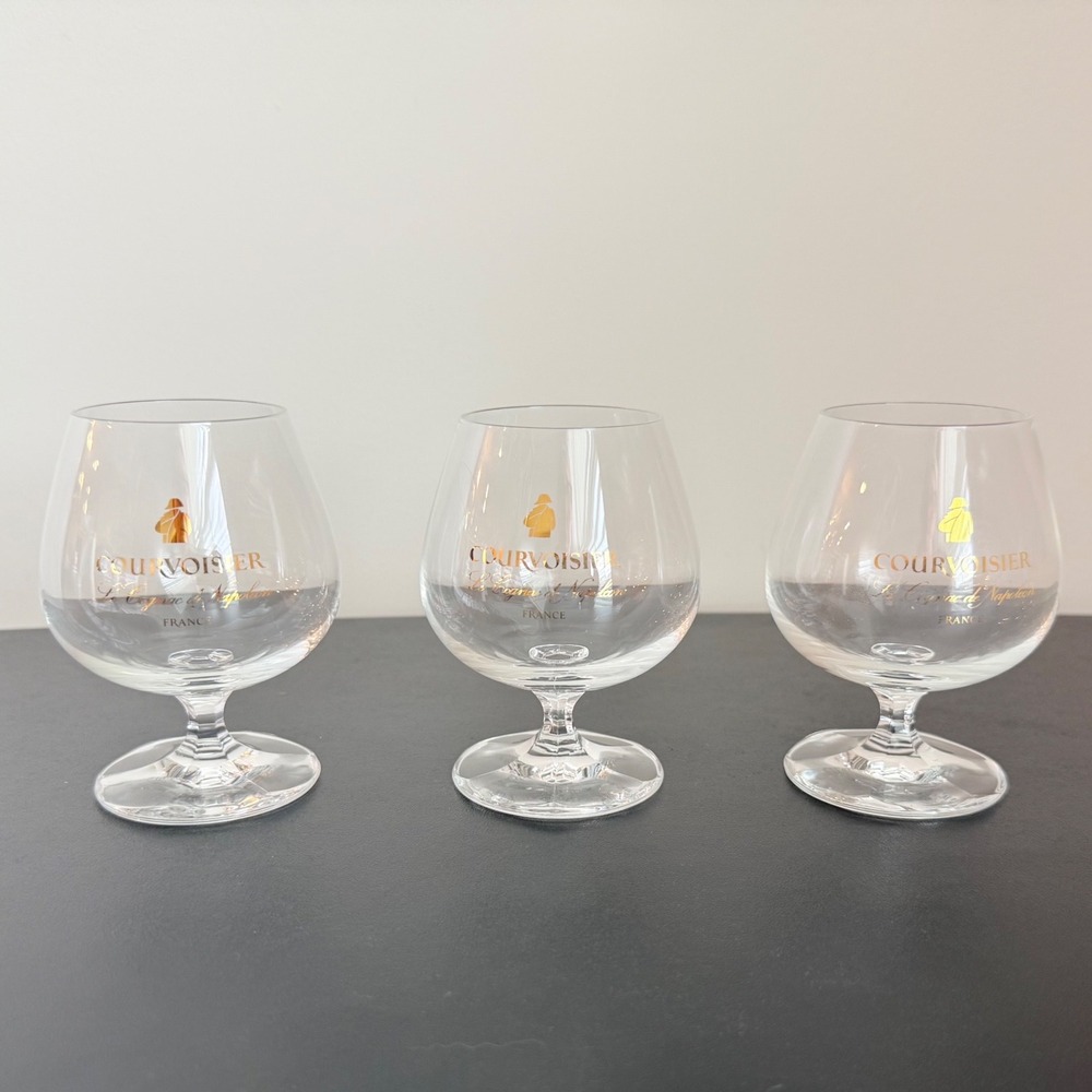 Courvoisier Le Cognac de Napoleon Brandy Snifter Glasses‎ Set 3 France Gold VTG